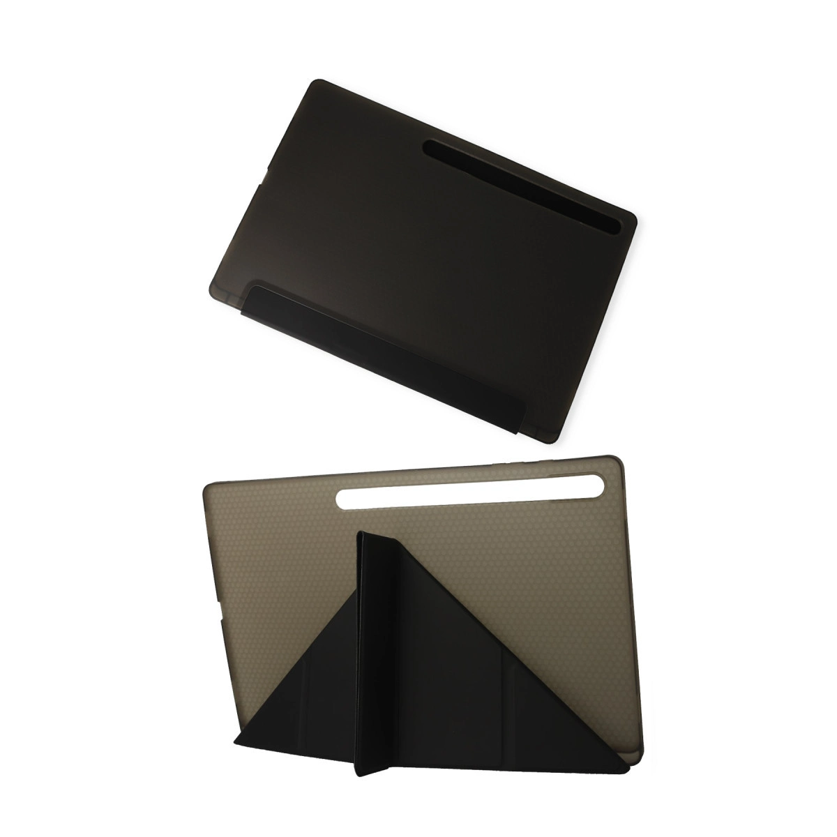 Siyah tablet kılıfı iki açıdan gösteriliyor, biri açık, biri kapalı.