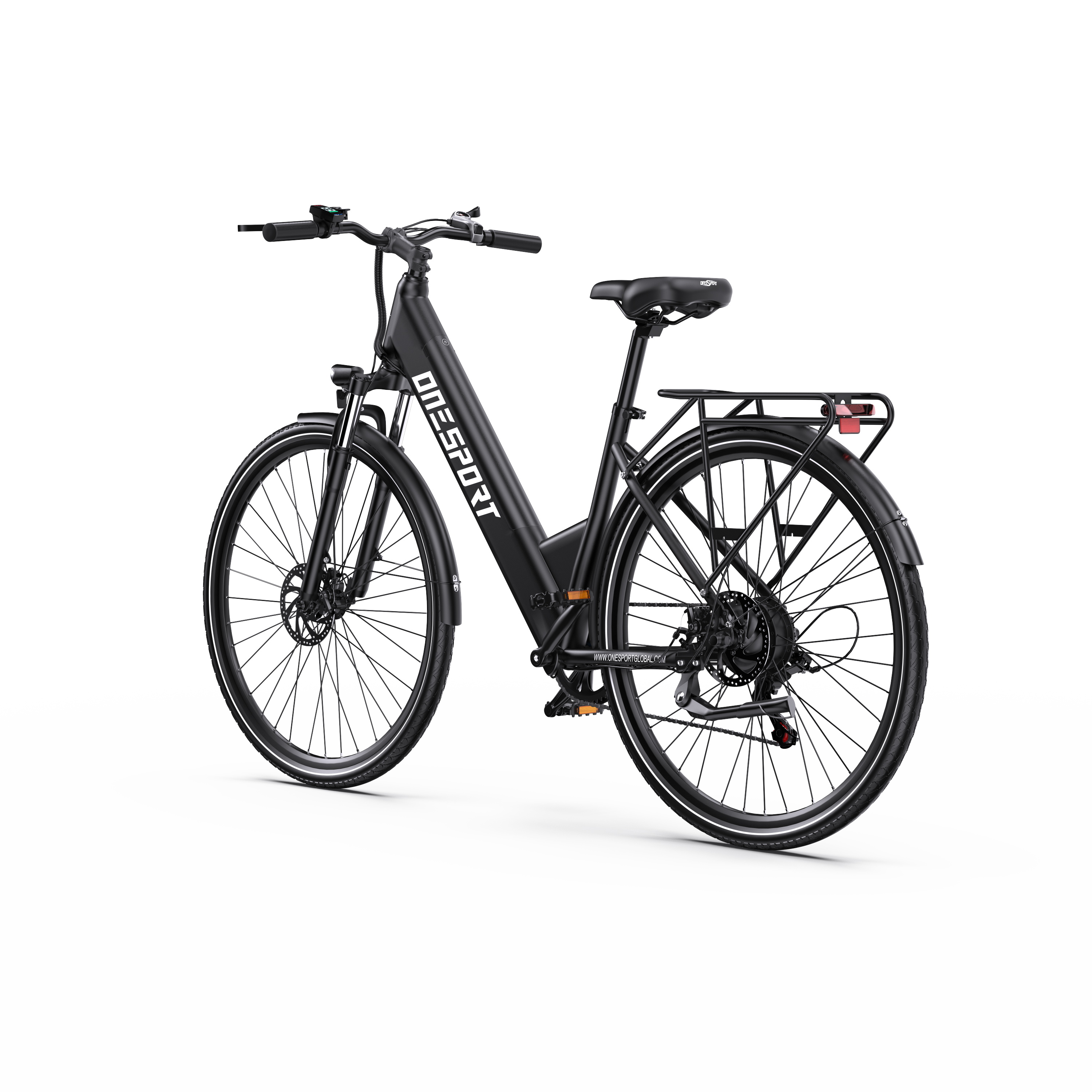 Bicicletta elettrica nera con portapacchi e logo 'ONESPORT' sul telaio.