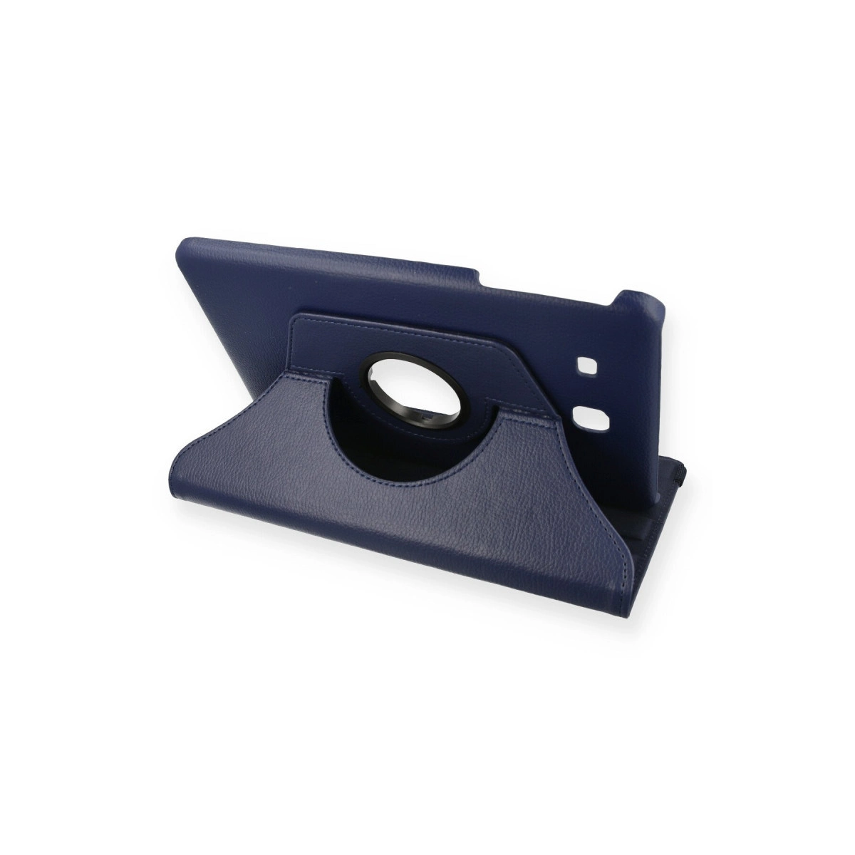 Döner tutuculu ve tutma delikli koyu mavi tablet standı.