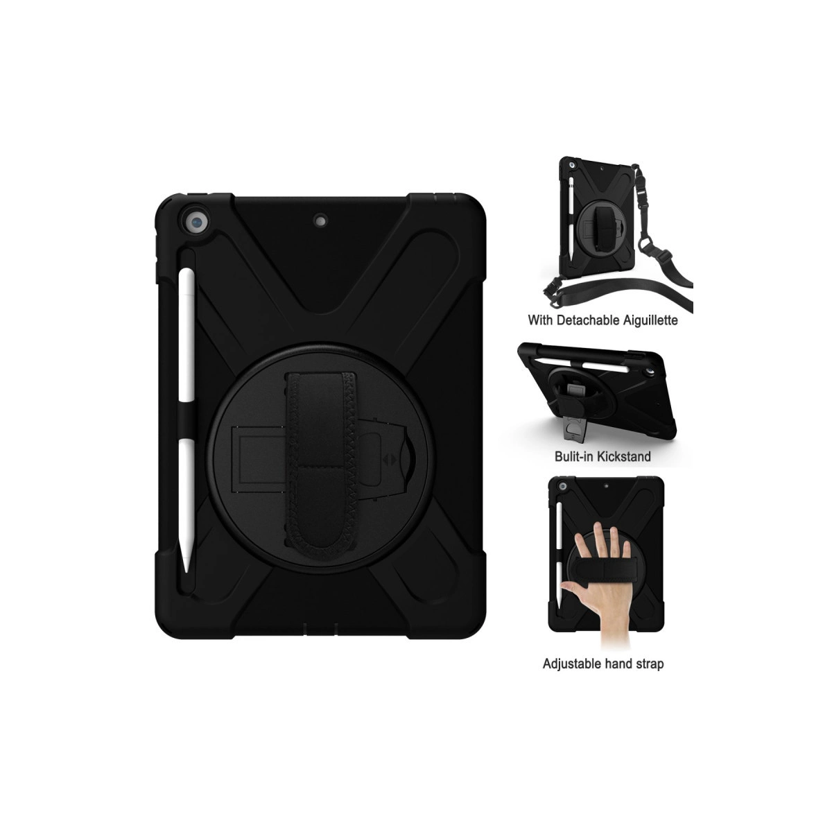 Ayarlanabilir askı, stant ve el kayışlı siyah tablet kılıfı.