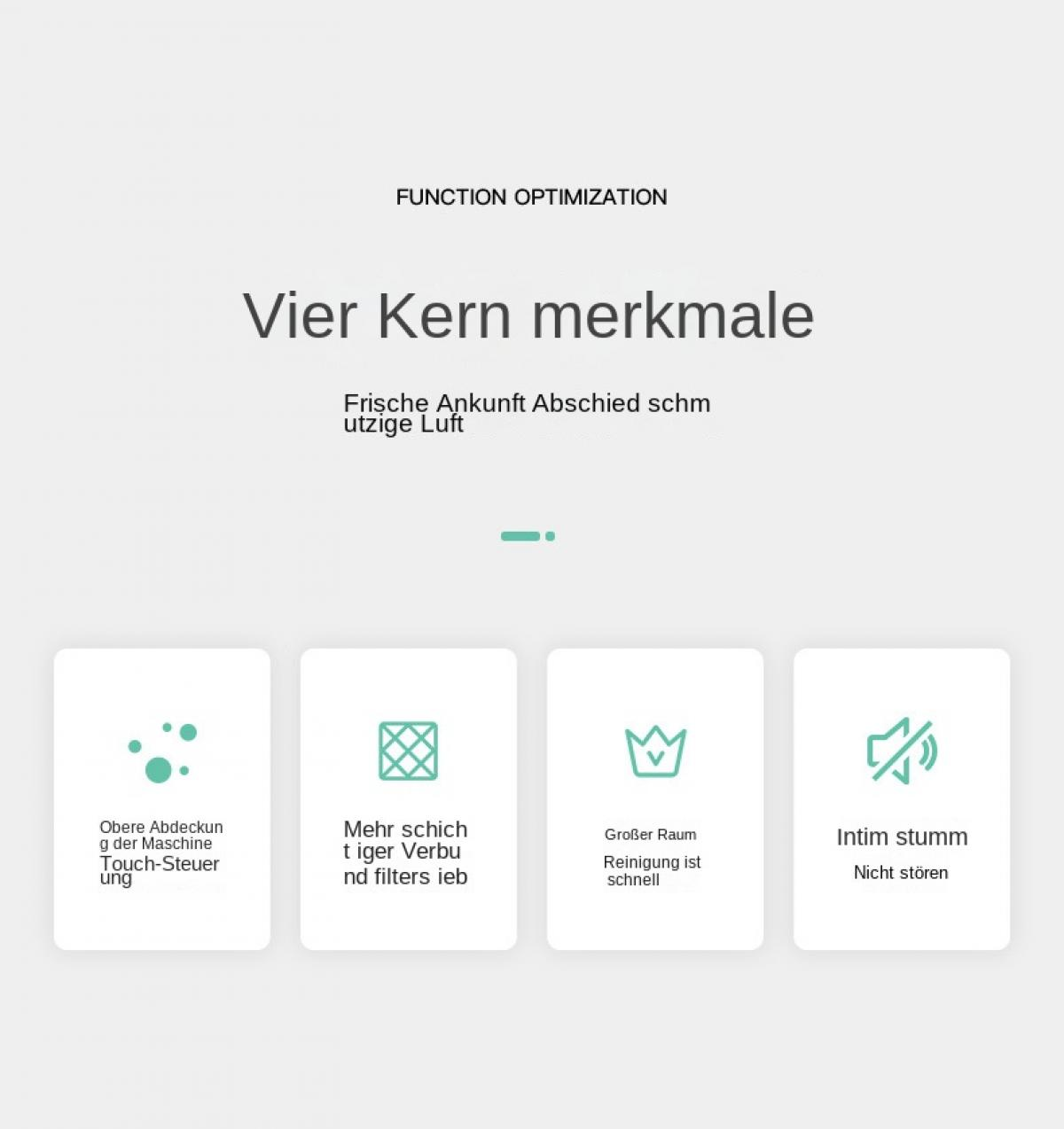 Vier Kernmerkmale: Touch-Steuerung, Filter, großer Raum, leiser Betrieb.