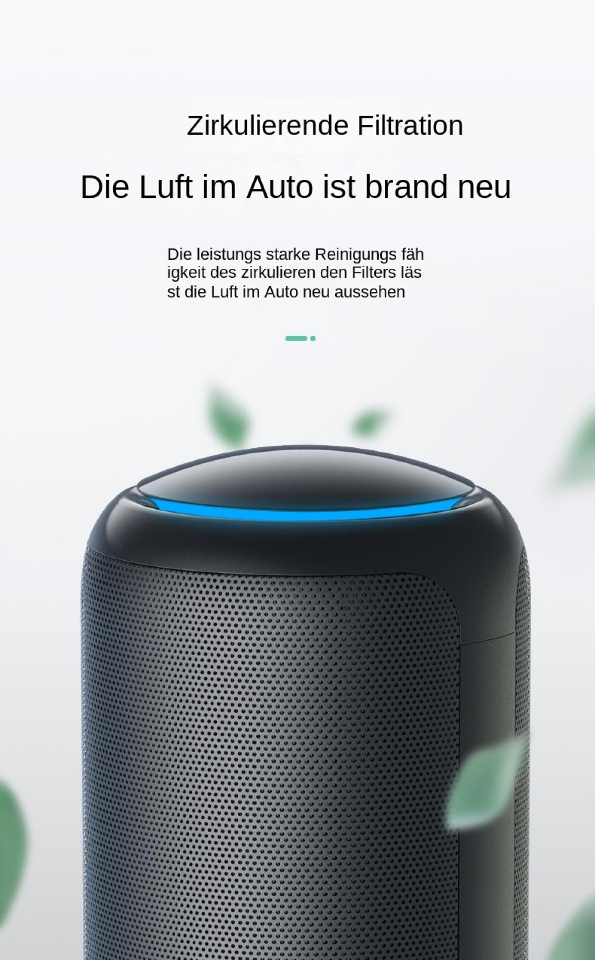 Ein schwarzer Luftreiniger mit blauem Licht leuchtet. Blätter schweben.