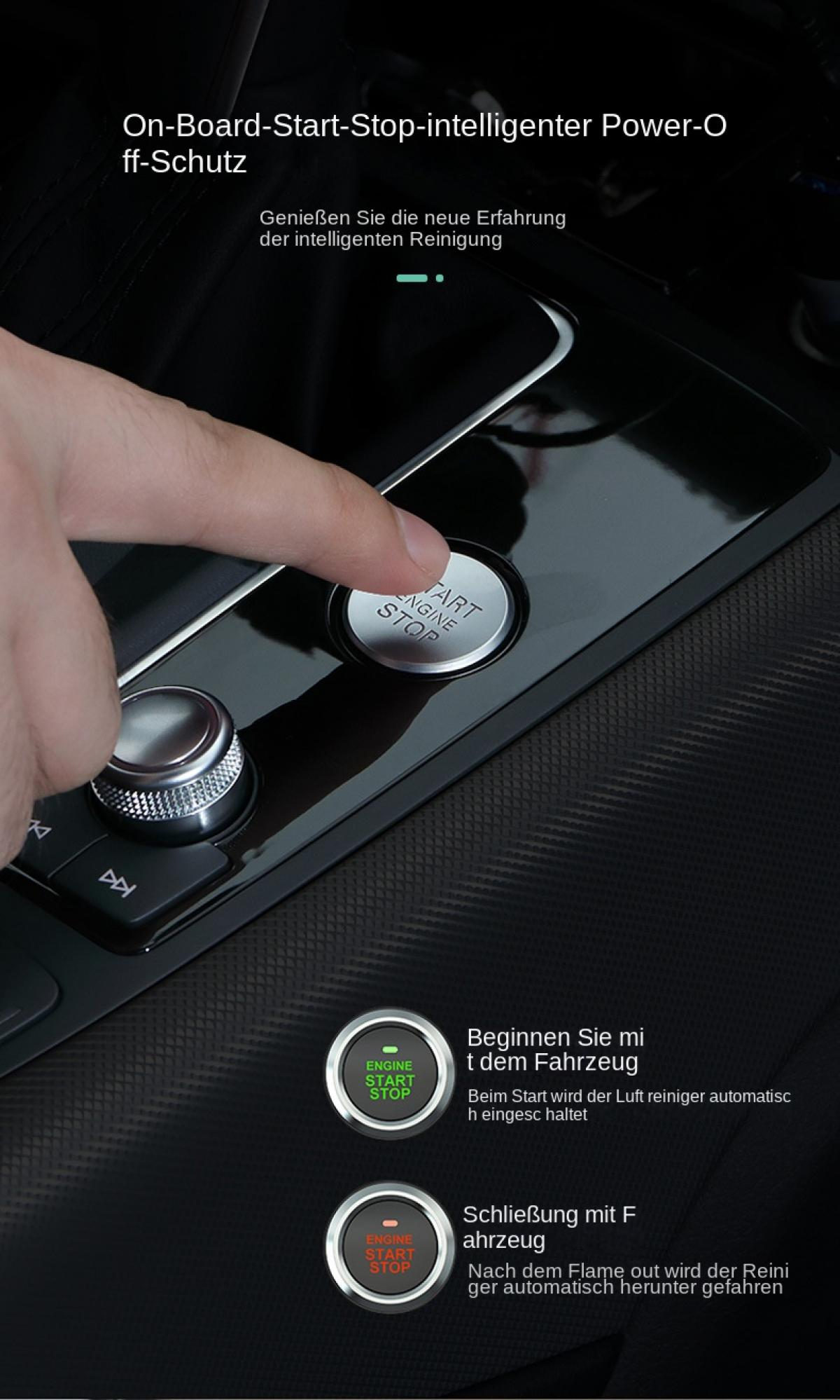 Ein Finger drückt auf einen Start/Stopp-Knopf in einem Auto. Zwei weitere Knöpfe sind sichtbar.