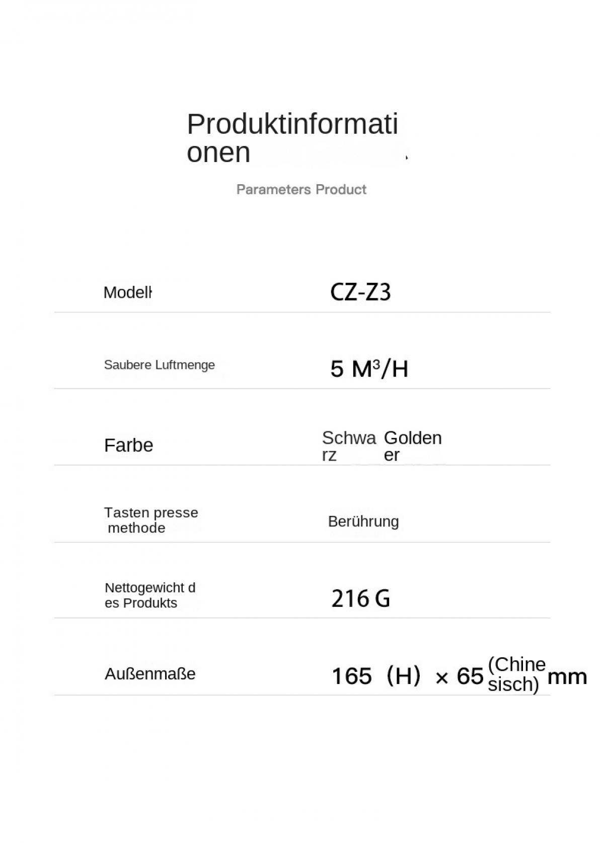 Produktdaten: Modell CZ-Z3, 5 M³/H, Farbe Schwa Golden, Berührung, 216 G, 165x65 mm.