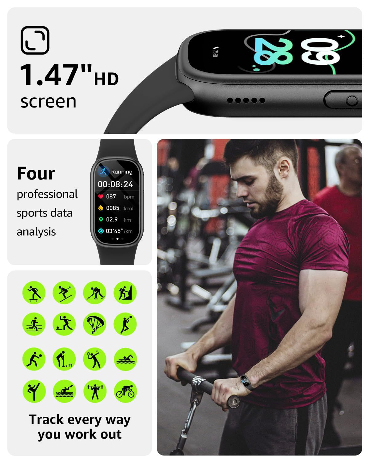 Ein Mann trainiert im Fitnessstudio, daneben eine Smartwatch mit Sport-Icons.