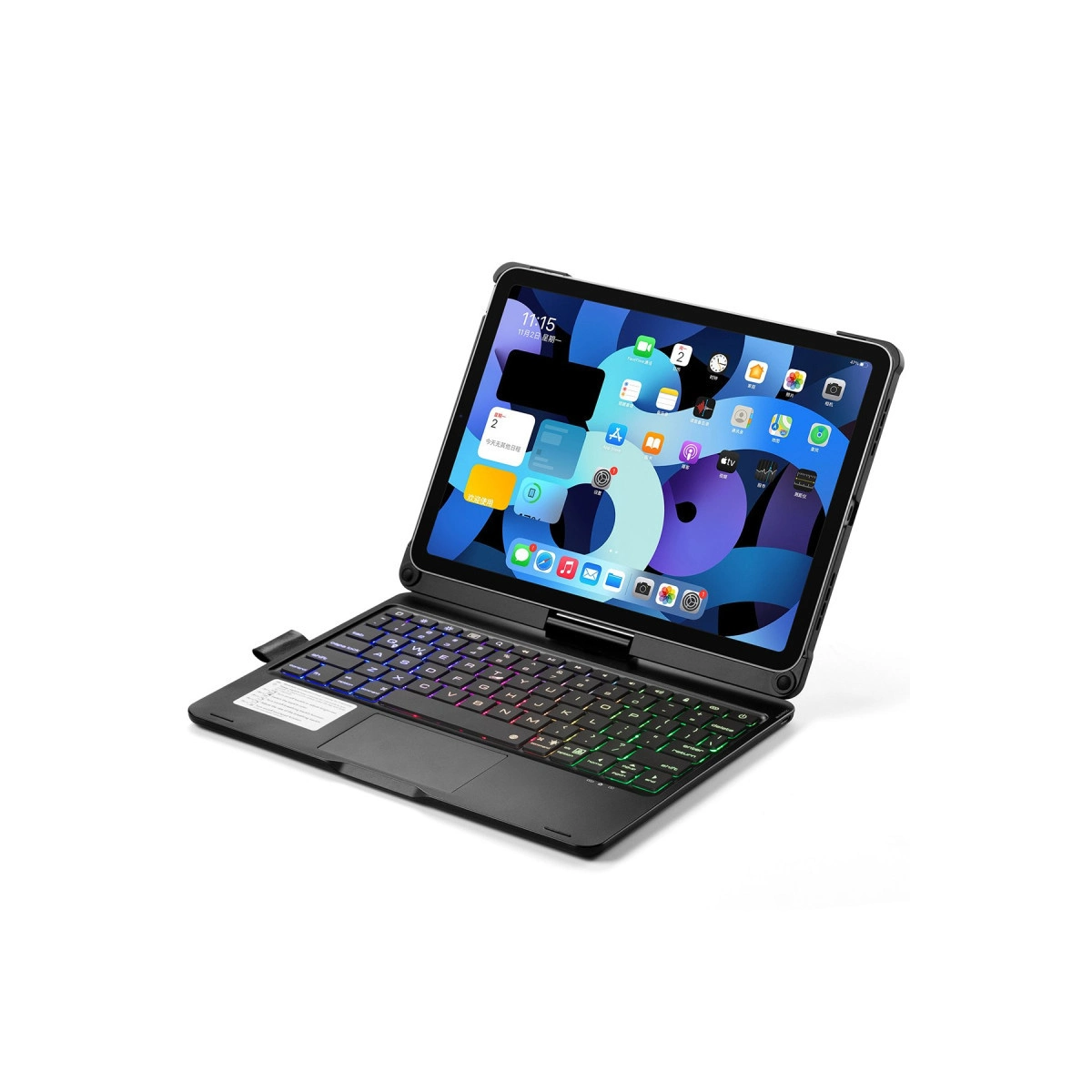 Beyaz arka plan üzerinde renkli arkadan aydınlatmalı tuşlara sahip tablet.