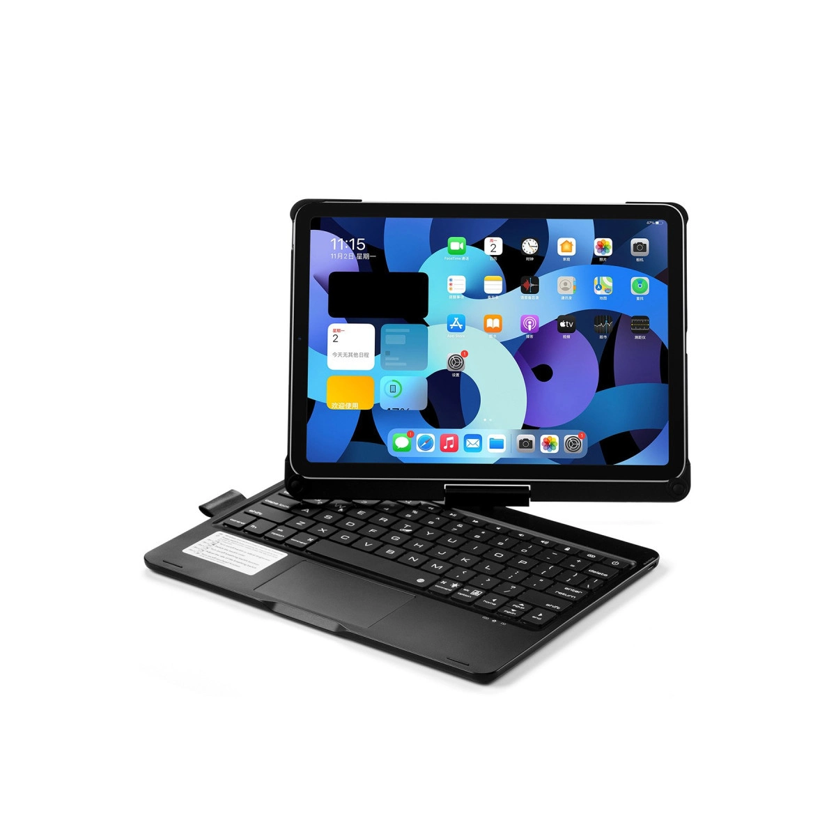 Beyaz arka plan üzerinde klavyeli bir siyah tablet.