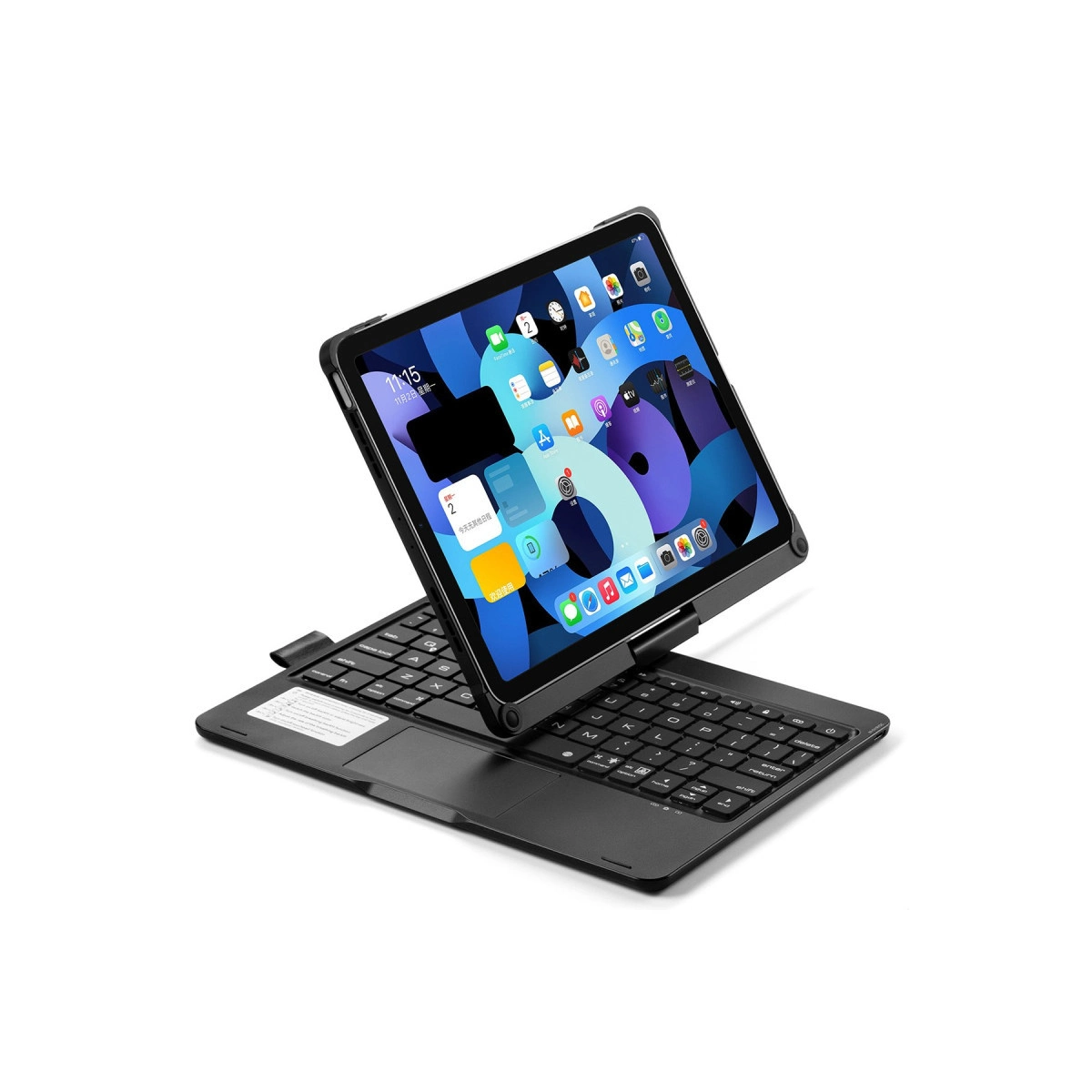 Beyaz arka plan üzerinde klavyeli siyah tablet.