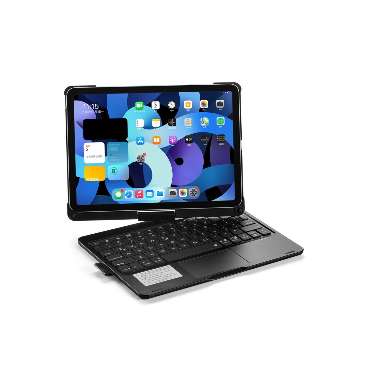 Uygulamalar ve widget'lar içeren ana ekranını gösteren siyah bir tablet ve klavye.