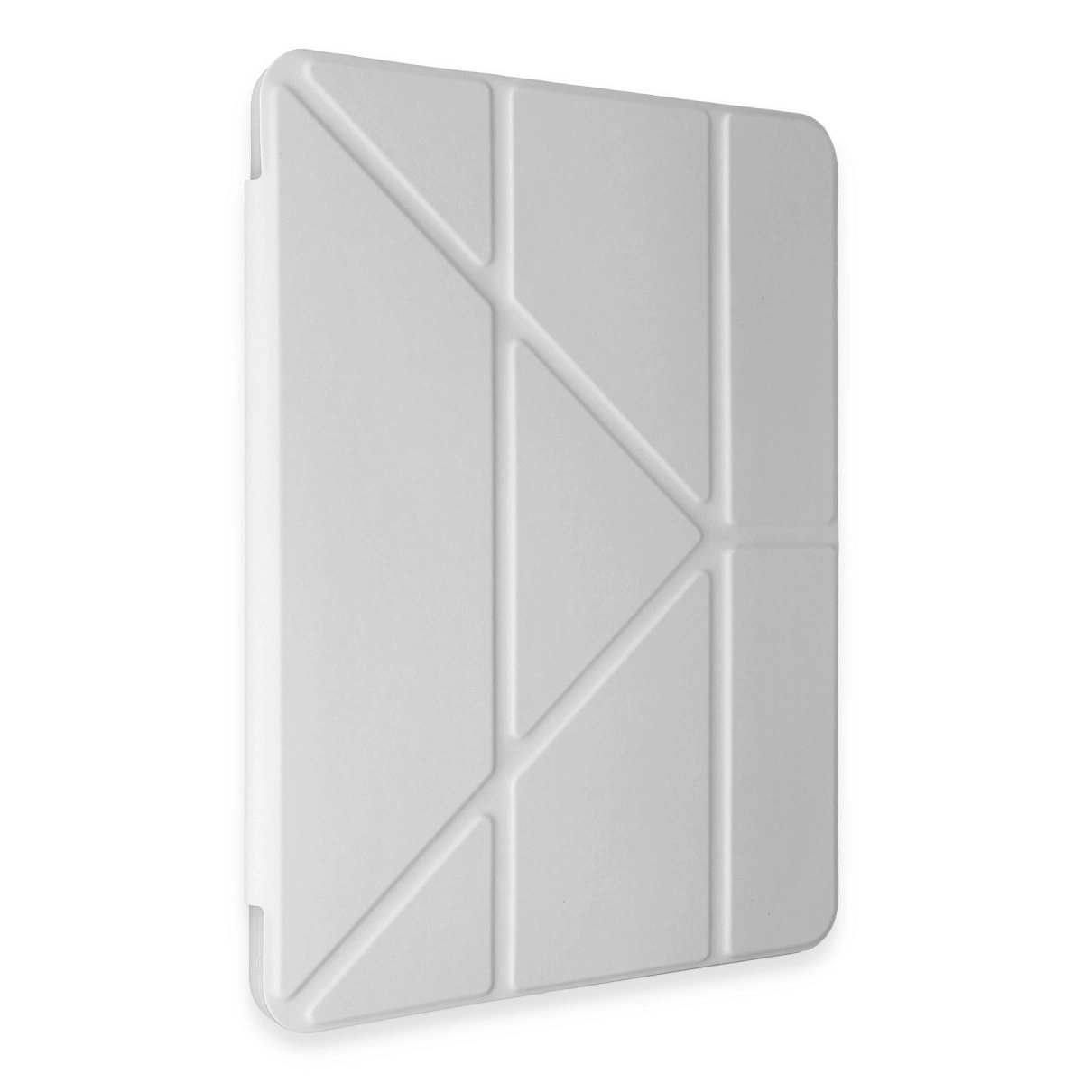 Ön yüzünde geometrik desenli beyaz tablet kılıfı, beyaz arka plan üzerinde.