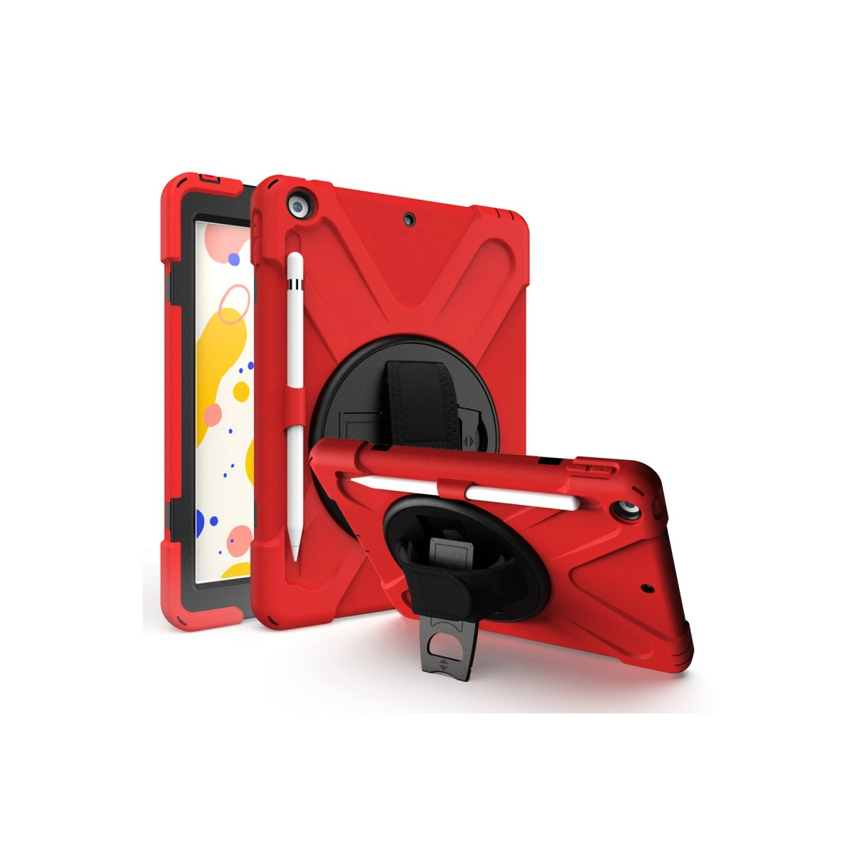 Kalem tutucu ve stantlı iki kırmızı tablet kılıfı, biri dik, biri önde duruyor.