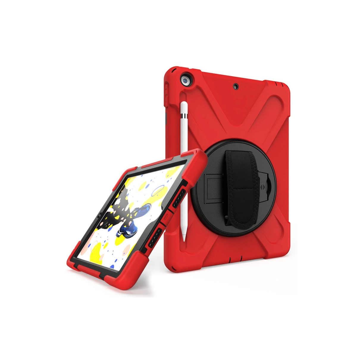 Bir styluslu dik, diğeri eğimli iki kırmızı sağlam tablet kılıfı.