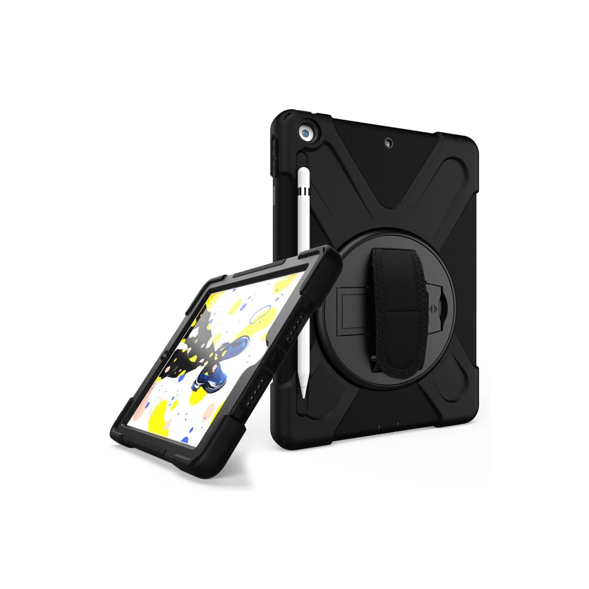 Beyaz arka plan üzerinde kalemli iki siyah tablet kılıfı.