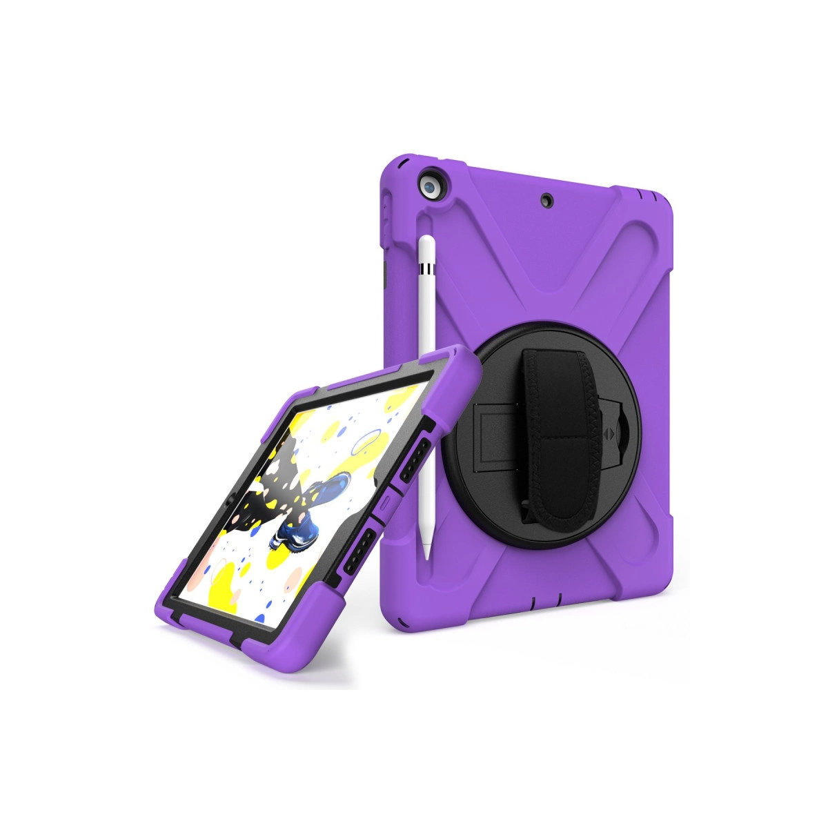 Arkada kalem bulunan iki mor tablet kılıfı beyaz zeminde.