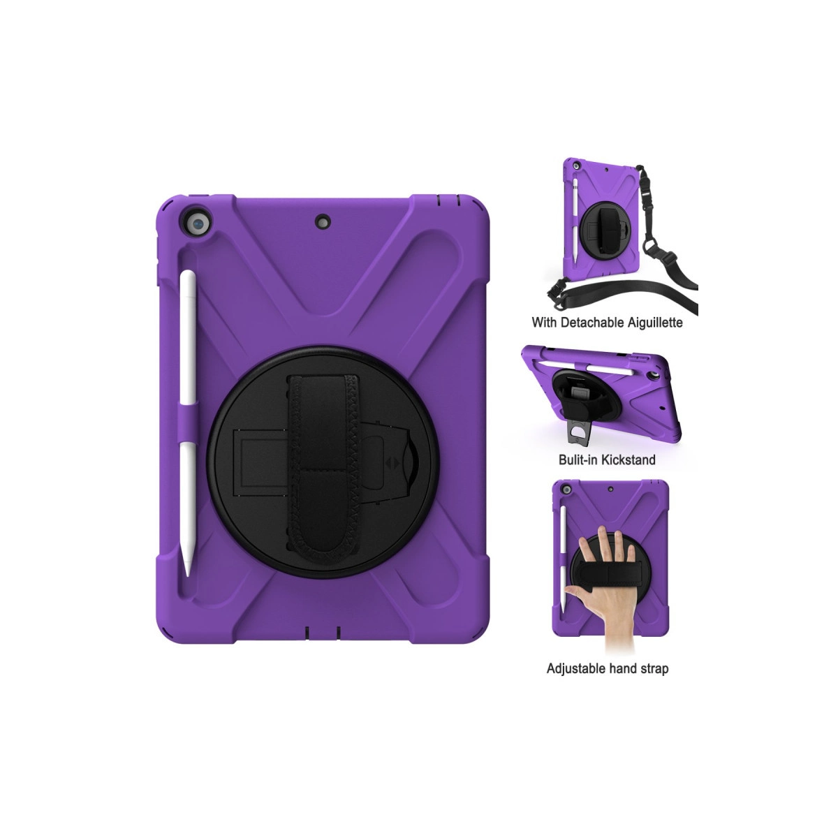 Mor tablet kılıfı, kalem tutucu, stant ve kayışlı.