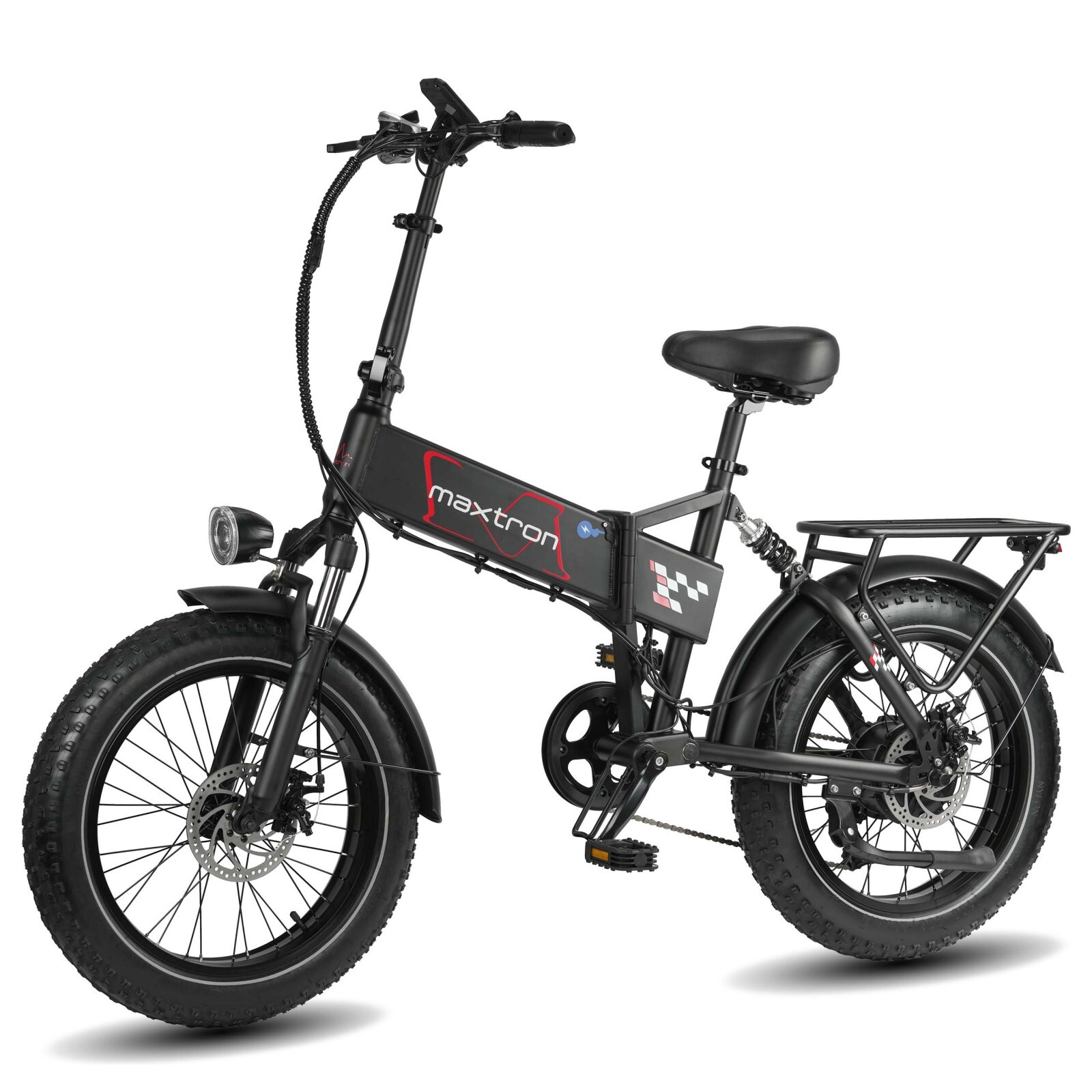 Czarny składany rower elektryczny z grubymi oponami i bagażnikiem.