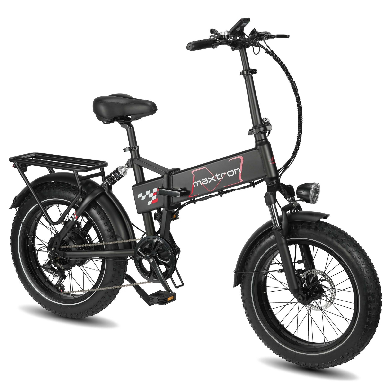 Czarny składany rower elektryczny z grubymi oponami, bagażnikiem i amortyzacją.