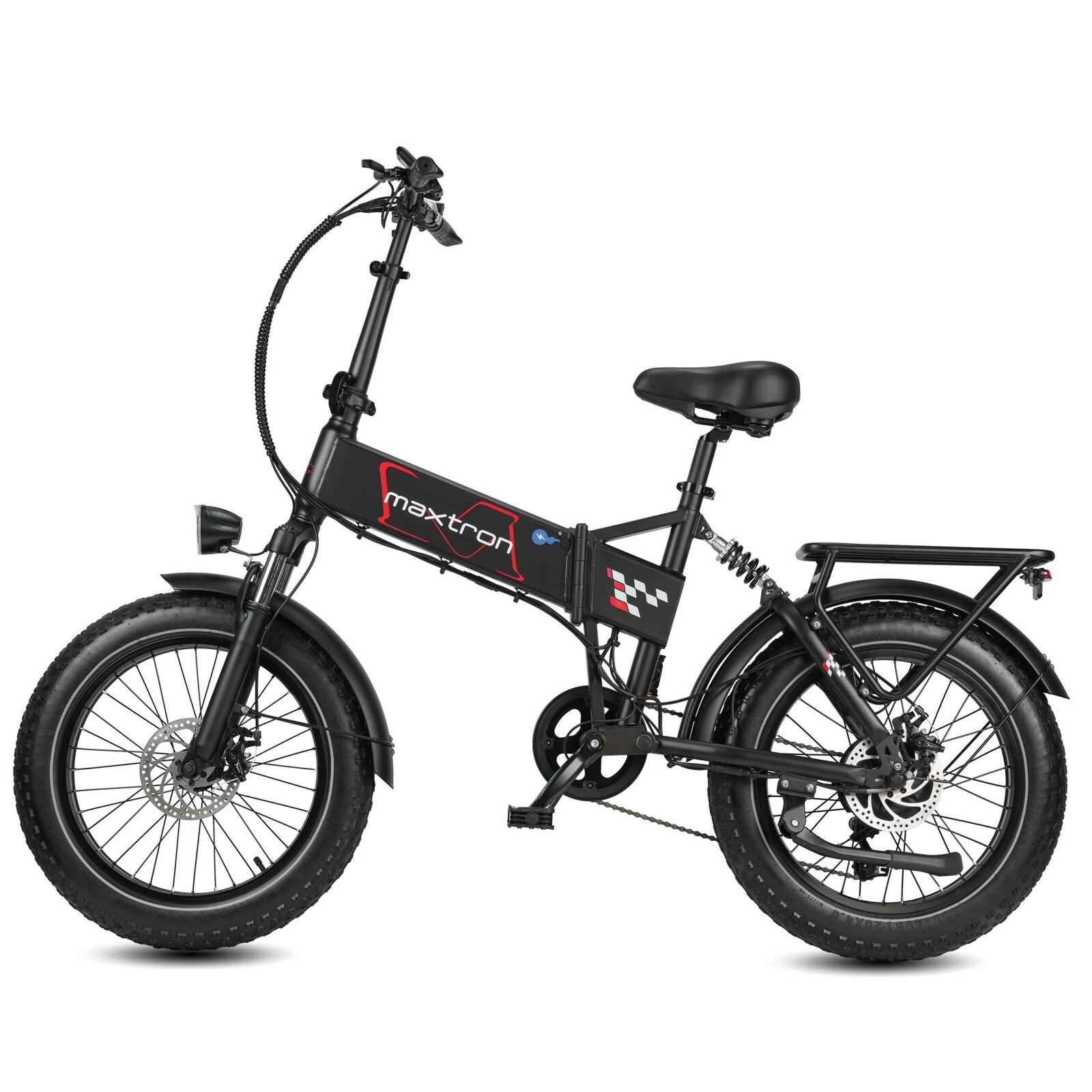 Czarny składany rower elektryczny z grubymi oponami, przednim światłem i bagażnikiem.