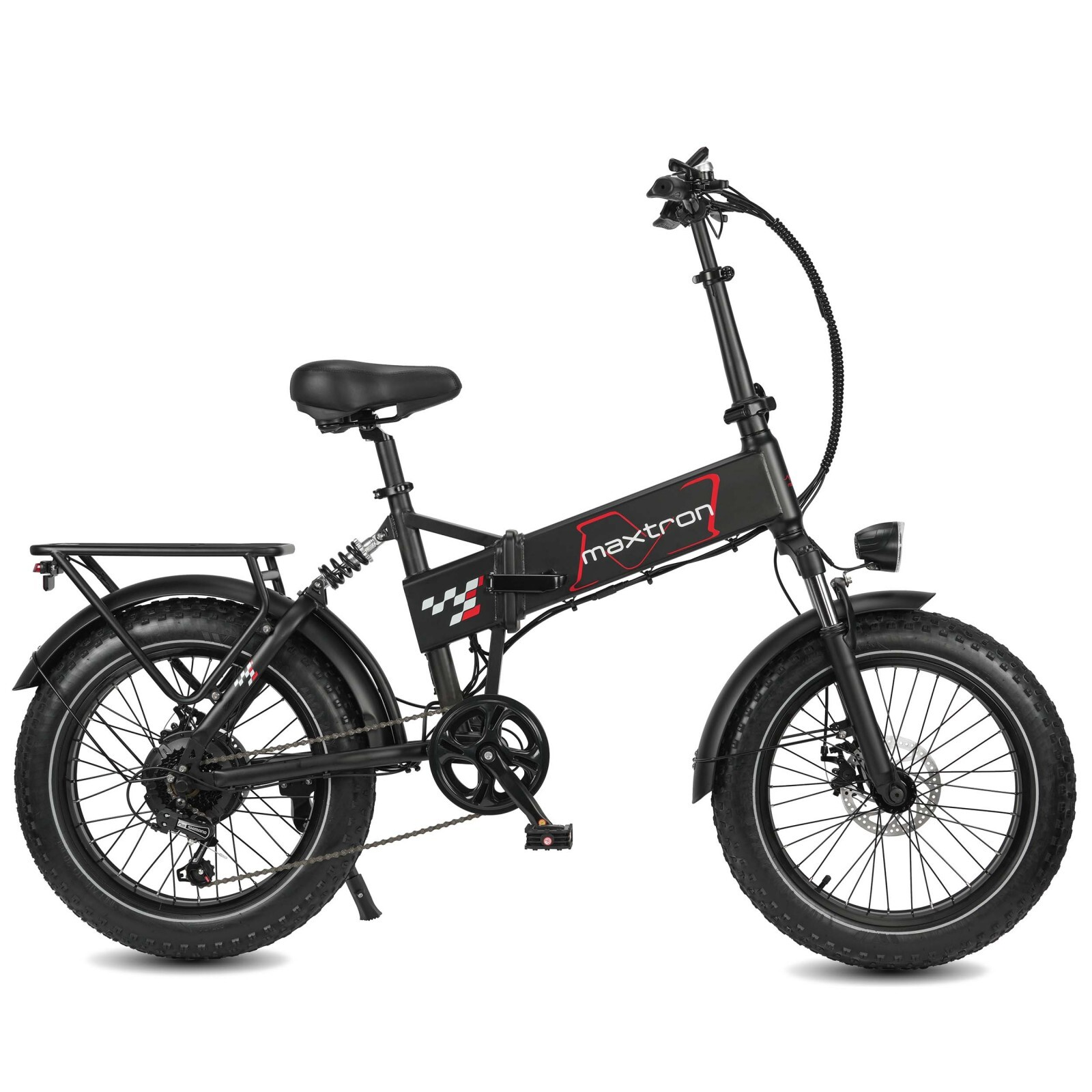 Czarny składany rower elektryczny z grubymi oponami, bagażnikiem i logo "maxtron".