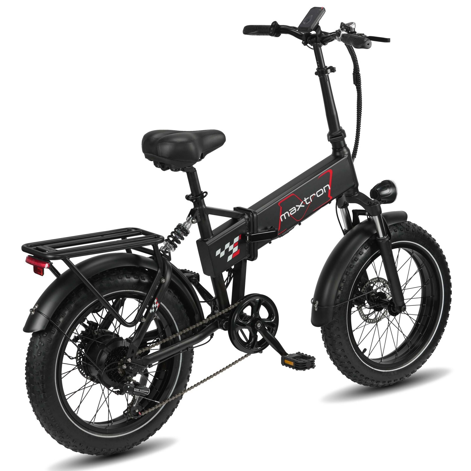 Czarny składany rower elektryczny z grubymi oponami, bagażnikiem i amortyzacją.