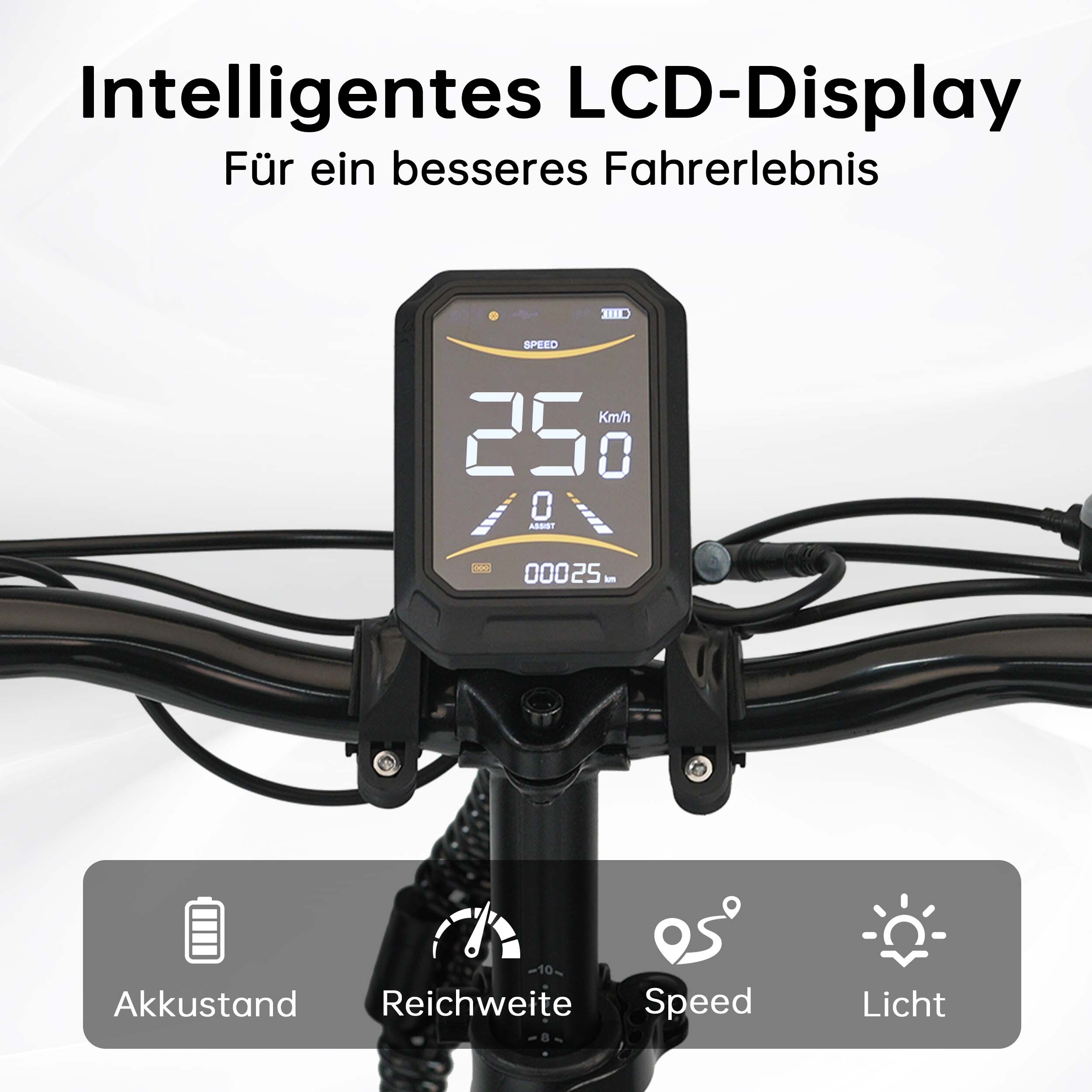 Wyświetlacz roweru elektrycznego: 25 km/h, bateria, zasięg, prędkość, światło.