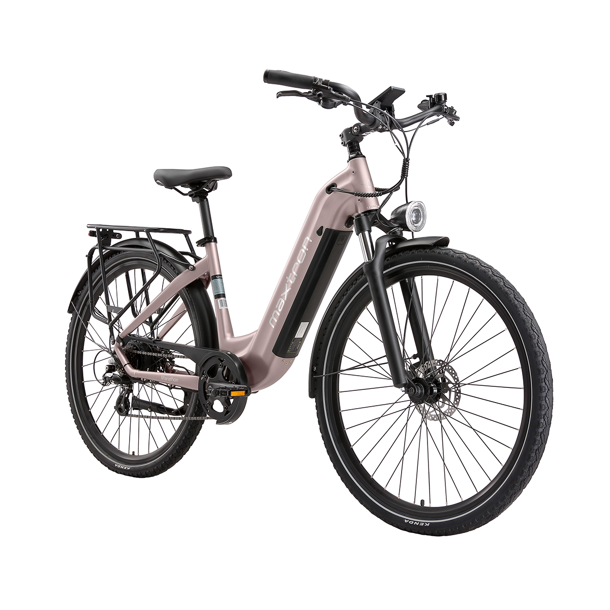 Różowo-złoty rower elektryczny z bagażnikiem, światłem przednim i hamulcami tarczowymi.