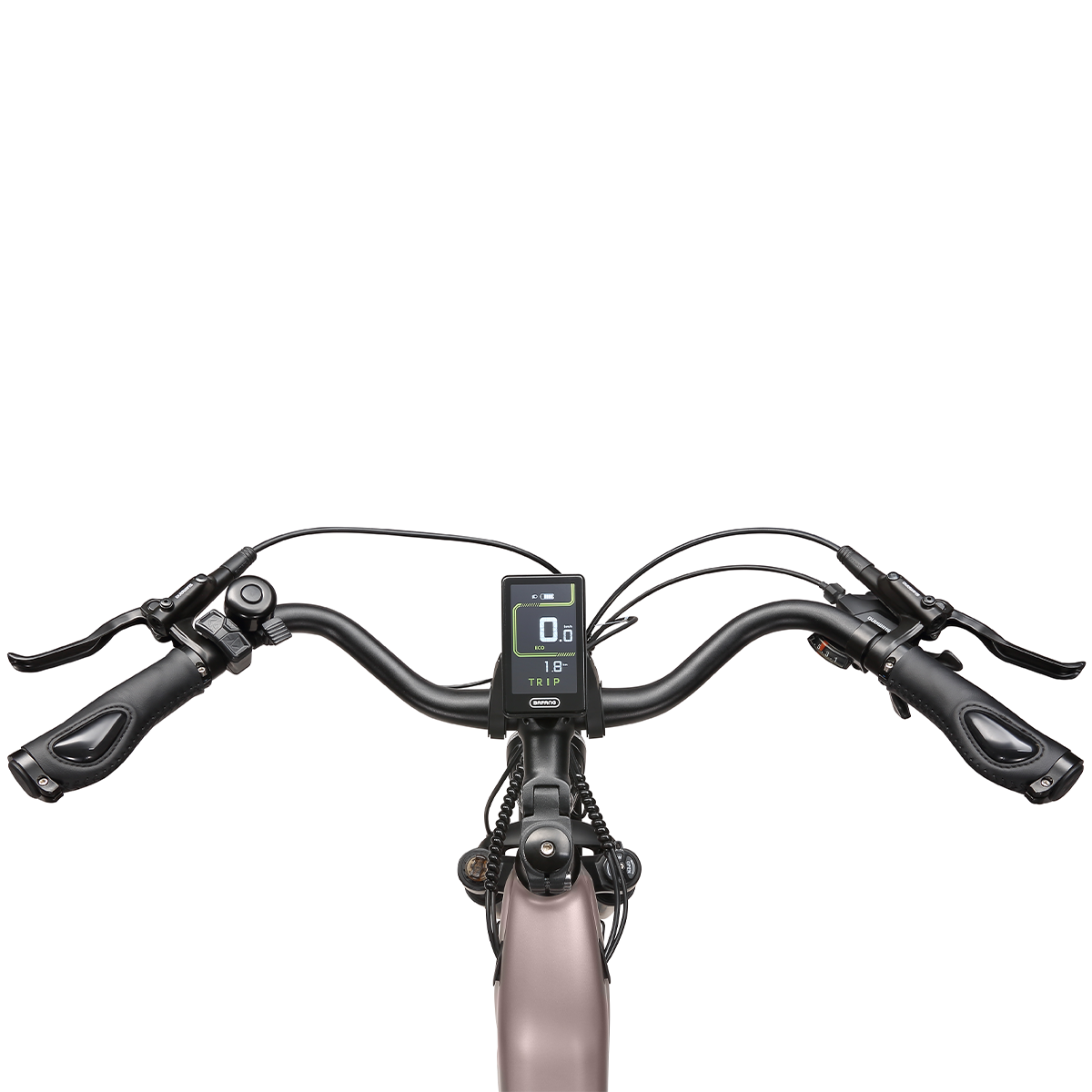 Kierownica różowego roweru elektrycznego z cyfrowym wyświetlaczem pokazującym prędkość i poziom baterii.