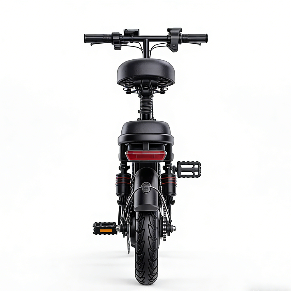 Widok z tyłu czarnego skutera elektrycznego z szeroką kierownicą, amortyzowanym siedzeniem i czerwonymi światłami.