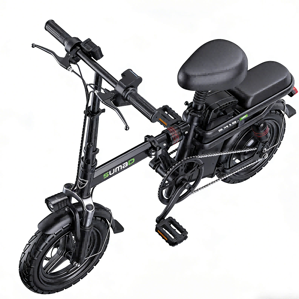 Czarny składany rower elektryczny z przednim światłem LED, podwójnym siedzeniem i napędem łańcuchowym.