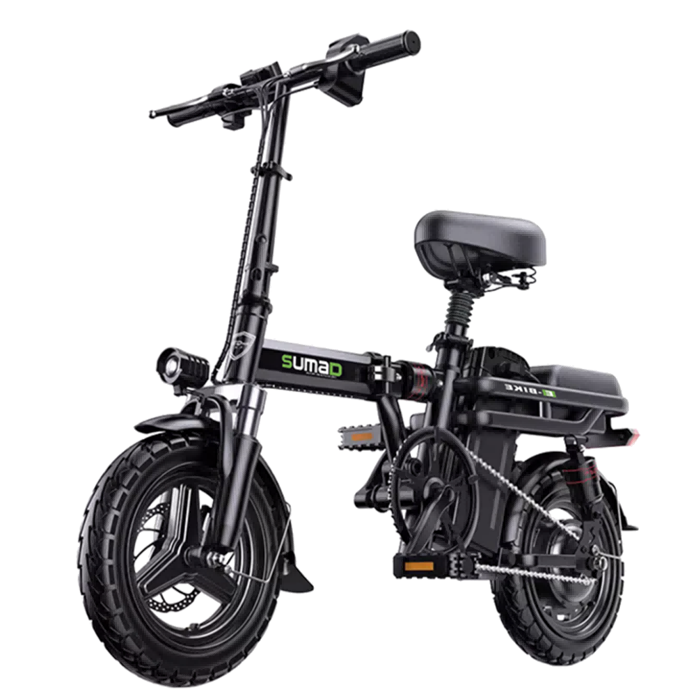 Czarny składany rower elektryczny z grubymi oponami i amortyzacją.