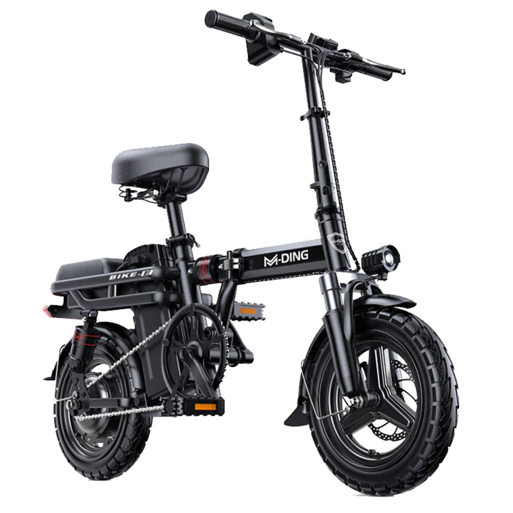 Czarny składany rower elektryczny z grubymi oponami i bagażnikiem.