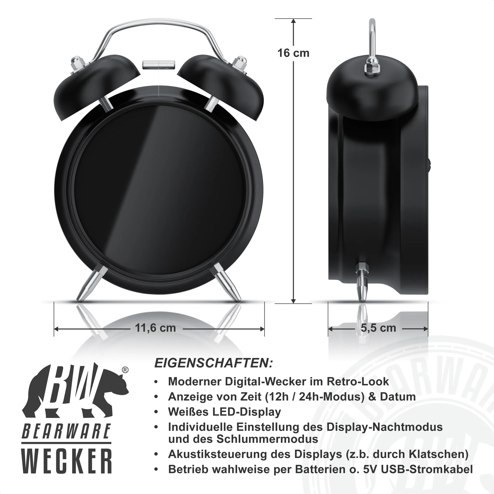 Schwarzer Wecker im Retro-Look mit silbernen Akzenten und Maßen.