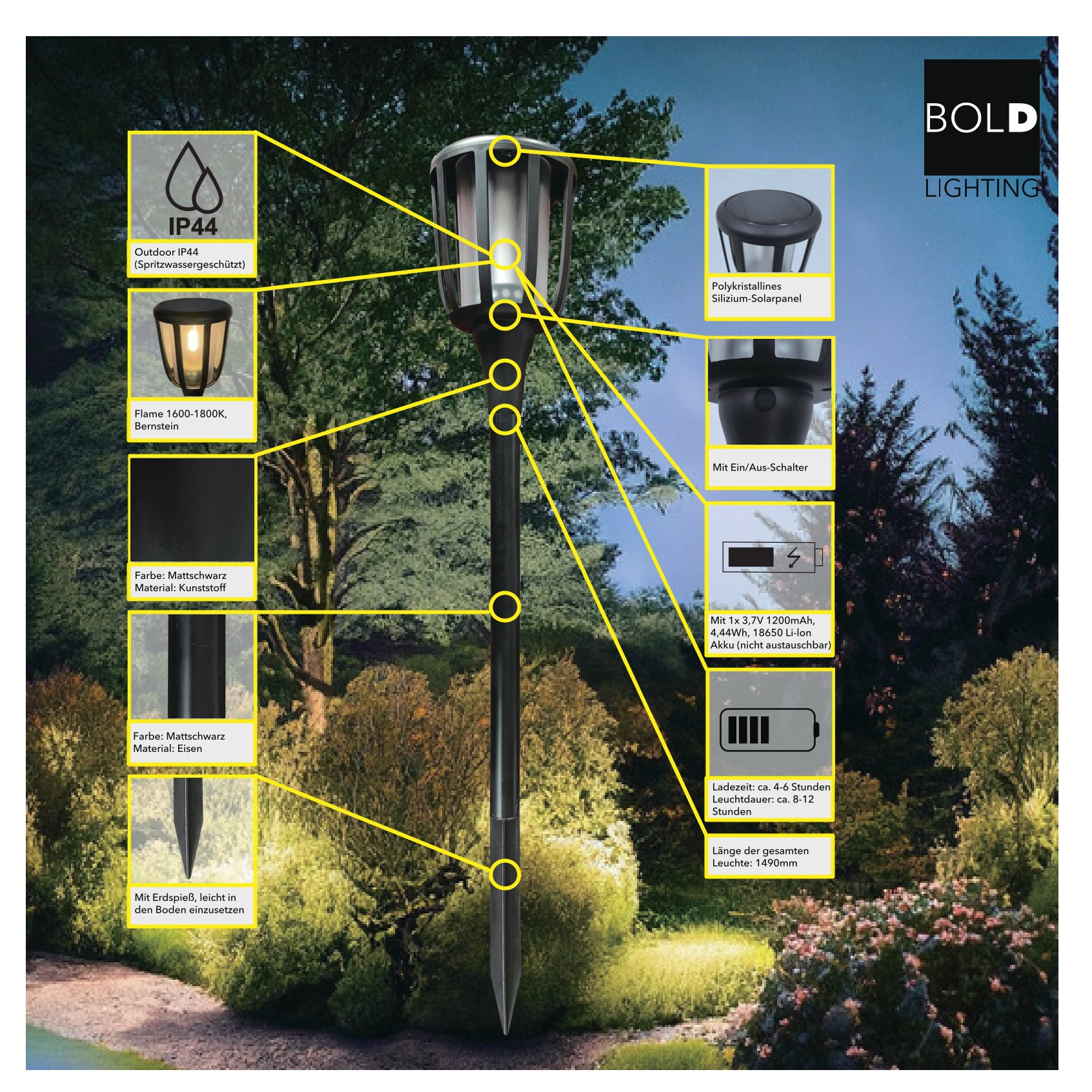 Outdoor-Solarleuchte mit Erdspieß, mattschwarz, IP44, 1600-1800K, Bernstein.