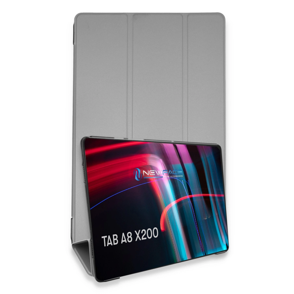Gri tablet kılıfı, TAB A8 X200 yazılı bir tabletin arkasında duruyor.