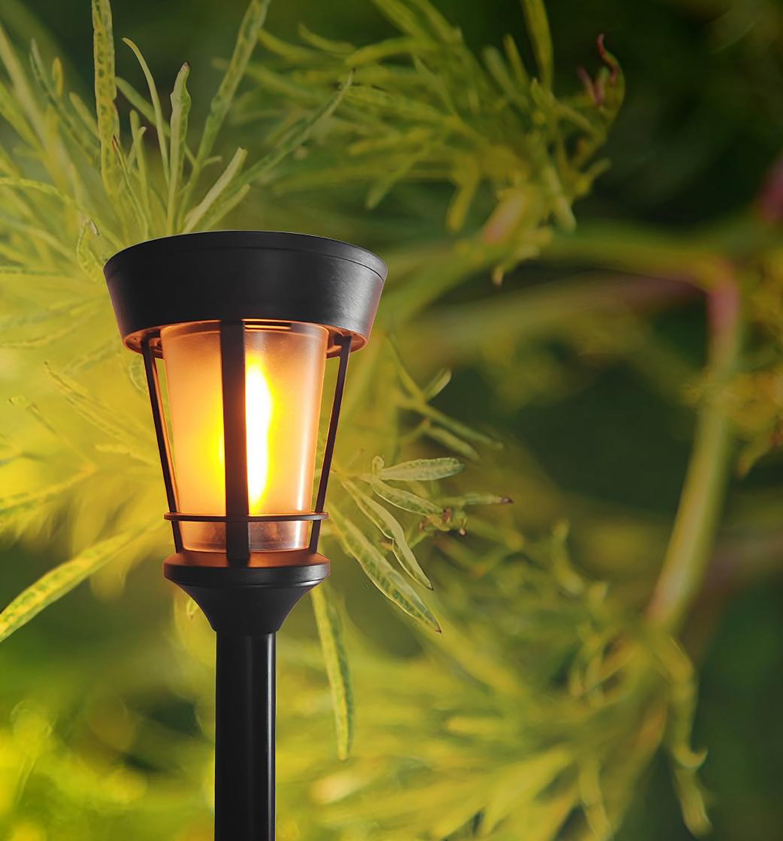 Eine Gartenlaterne mit Flammenlicht leuchtet vor grünem Laub.