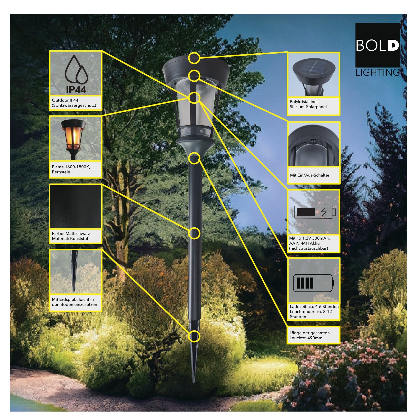 Schwarze Solar-Gartenleuchte mit Flammenlicht, IP44, Solarpanel und Erdspieß.