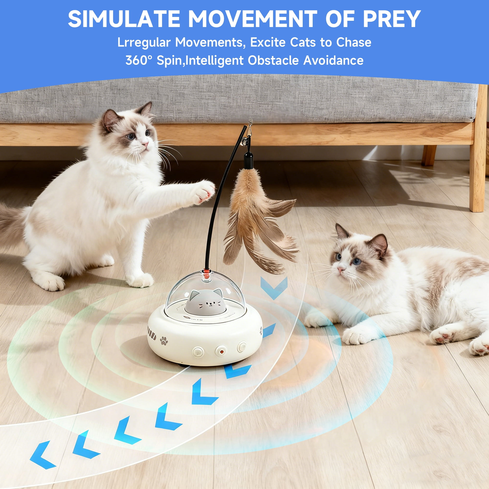Zwei Katzen spielen mit einem interaktiven Spielzeug auf einem Holzboden.