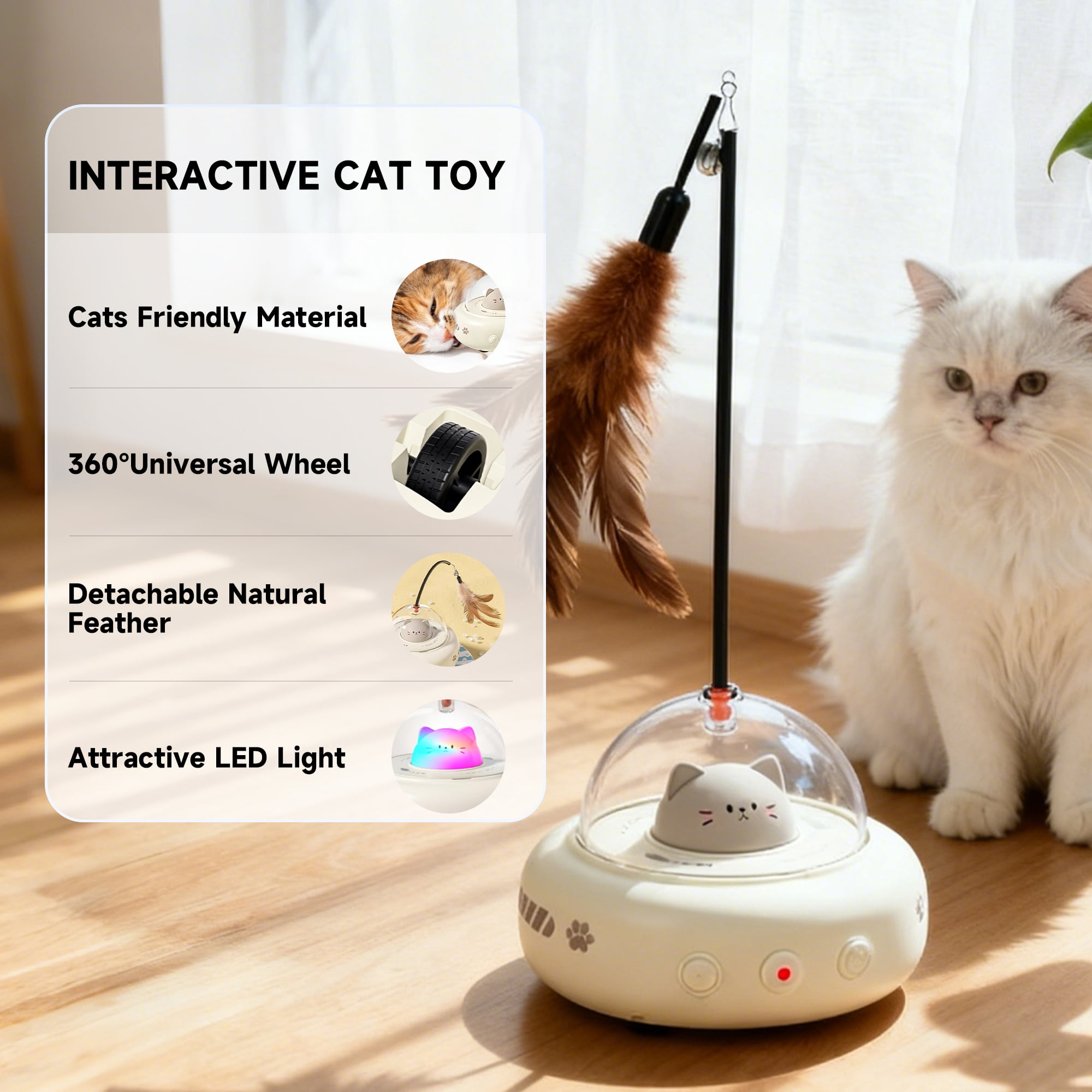 Ein interaktives Katzenspielzeug mit Feder und LED-Licht neben einer Katze.