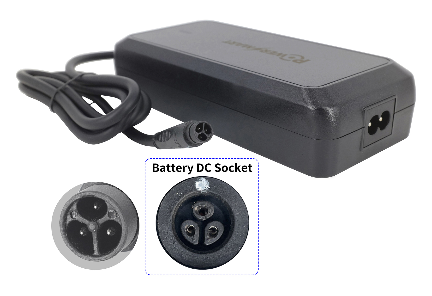 Adaptador de corriente negro con cable y enchufe de 3 pines, con primer plano de la toma.