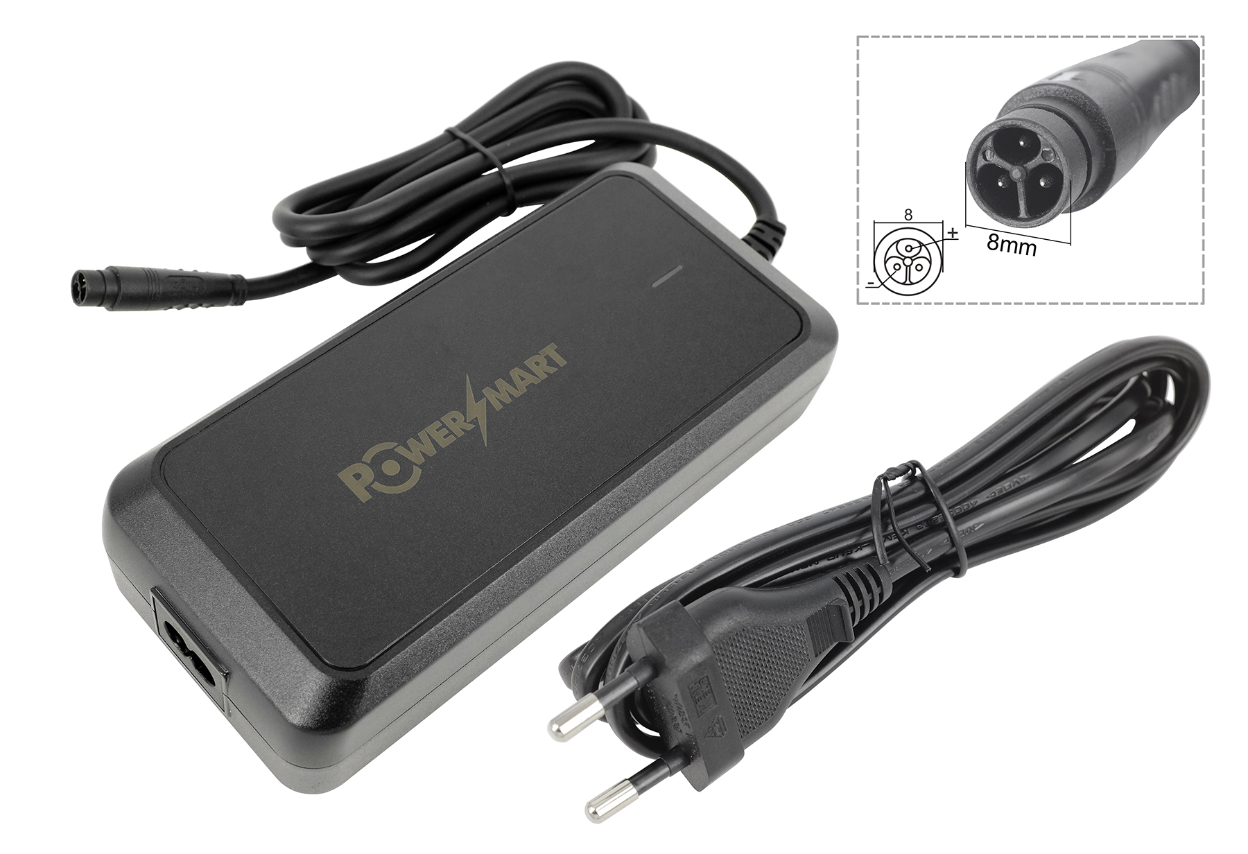 Cargador Power Smart negro con enchufe UE y conector de 3 pines. Incluye diagrama.