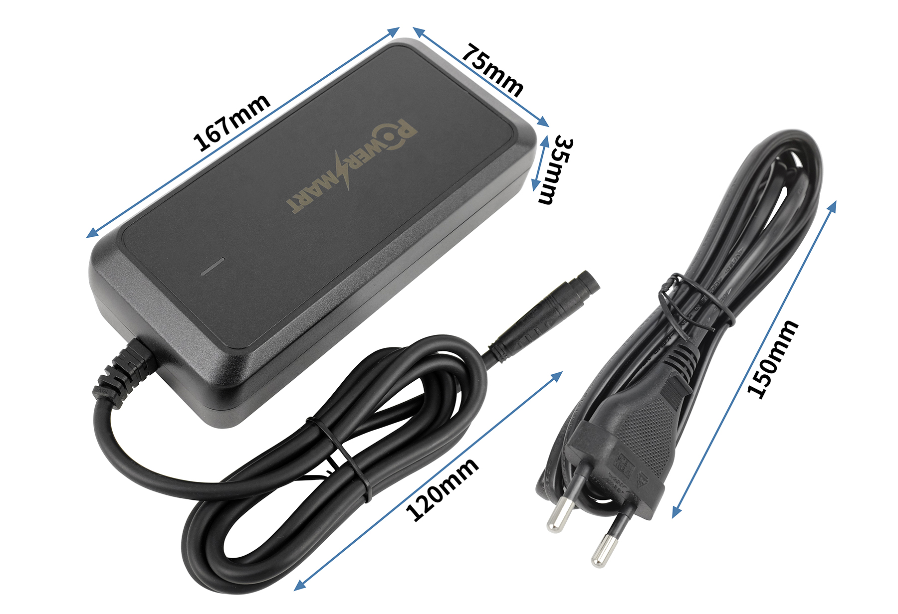 Cargador negro Power Smart con cables y dimensiones.