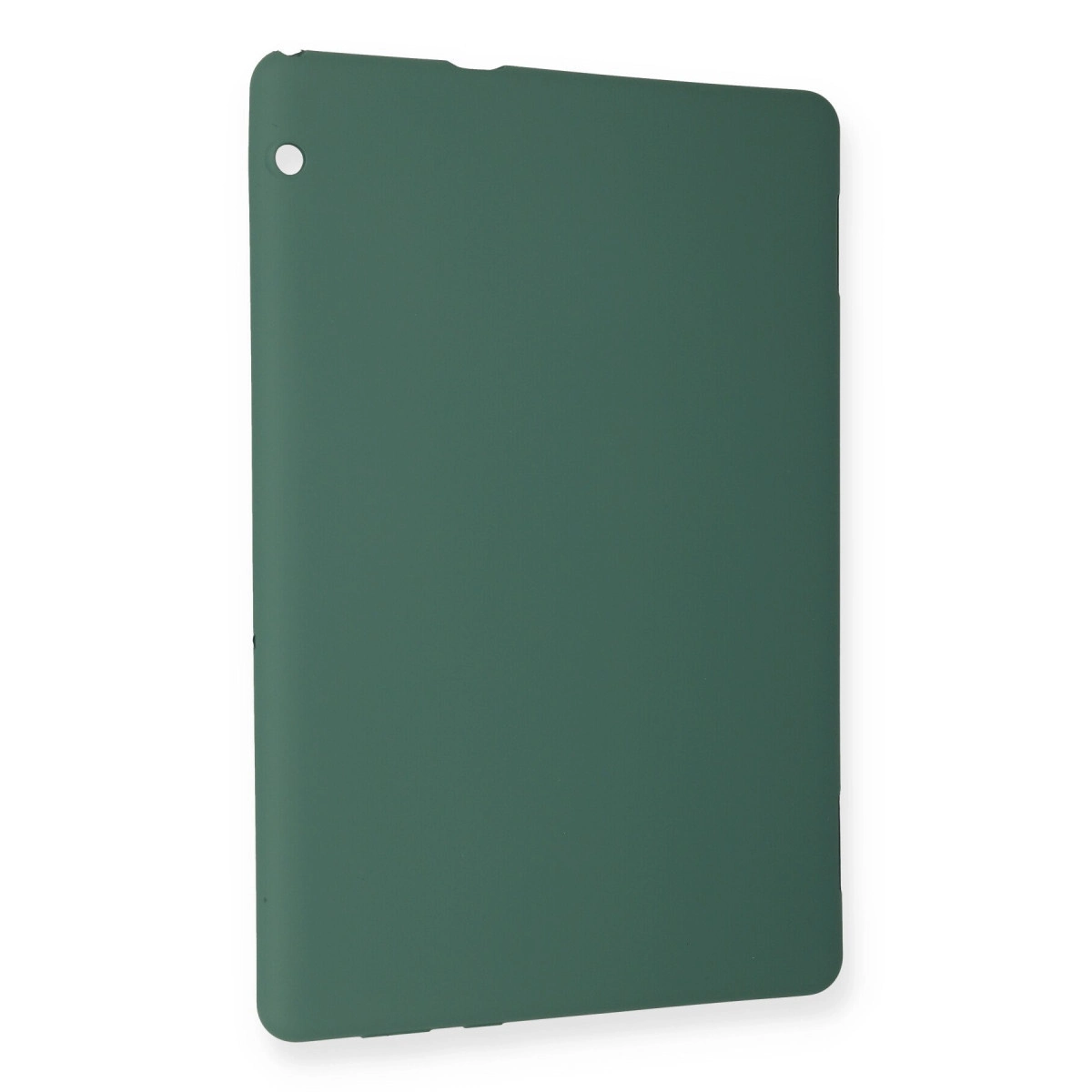 Sol üstte kesik bulunan mat malzemeden yapılmış koyu yeşil tablet kılıfı.