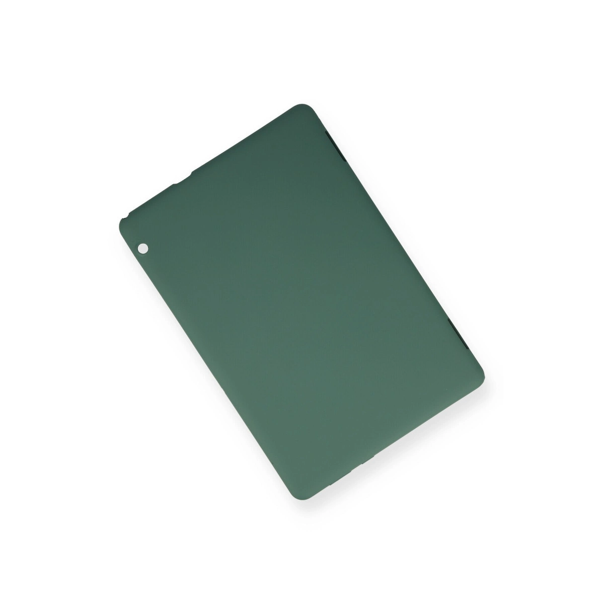 Sol üst köşede delik bulunan beyaz arka plan üzerinde koyu yeşil tablet kılıfı.