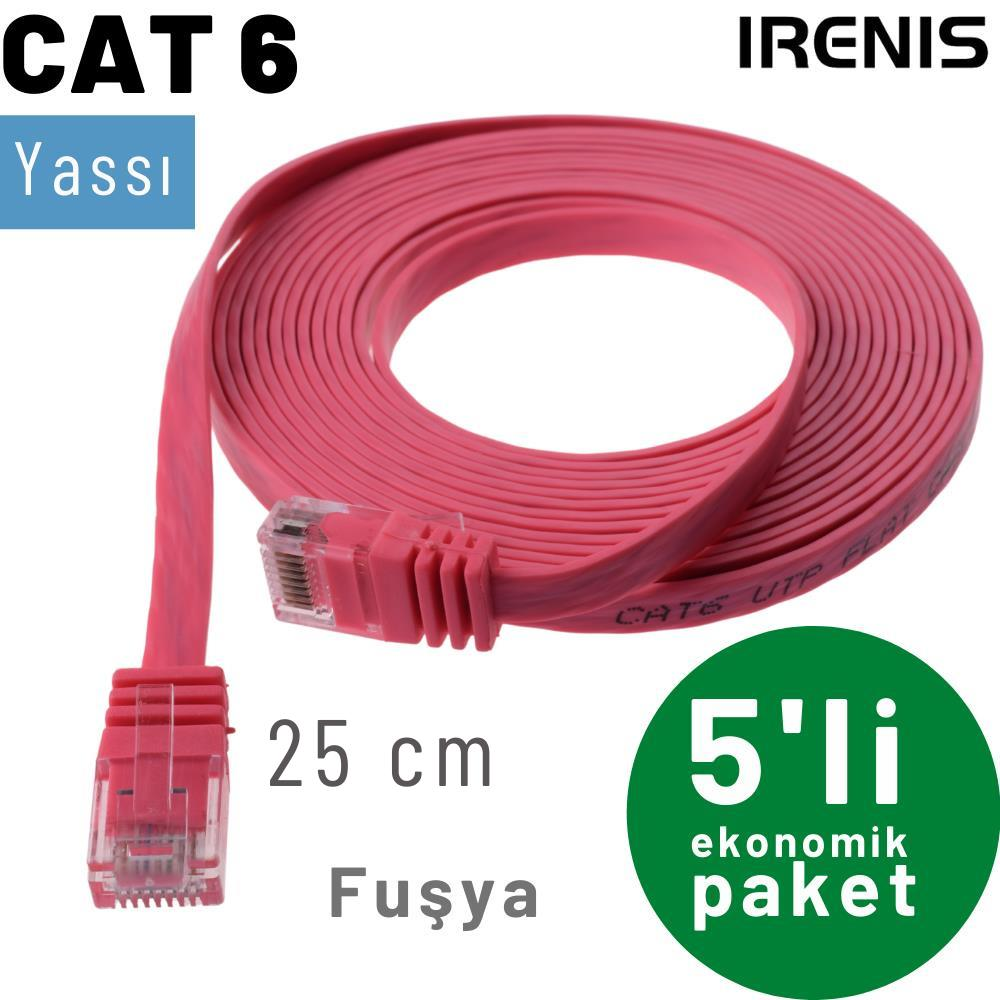 Düz, pembe Cat 6 ağ kablosu, RJ45 konektörler ve metin içerir.
