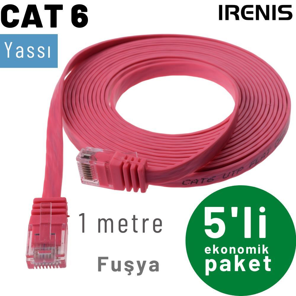 RJ45 konnektörlü, 1 metre uzunluğunda pembe düz CAT 6 UTP kablo.