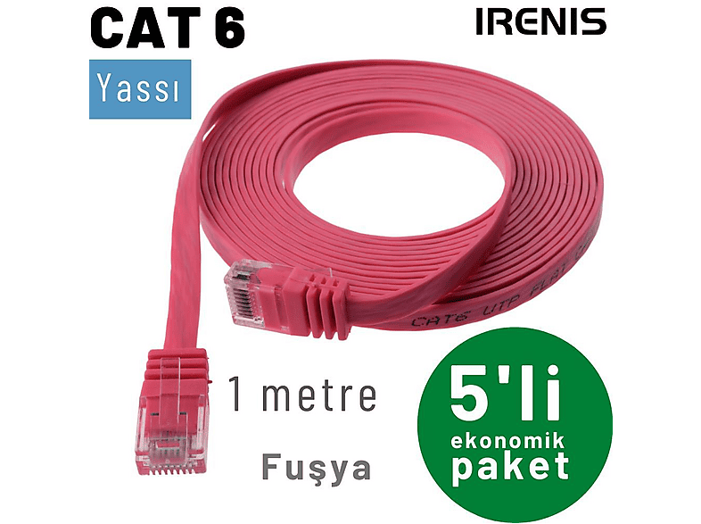 IRENIS 5 Adet 1 m CAT6 Kablo Yassı Network Lan Ağ İnternet Ethernet Kablosu