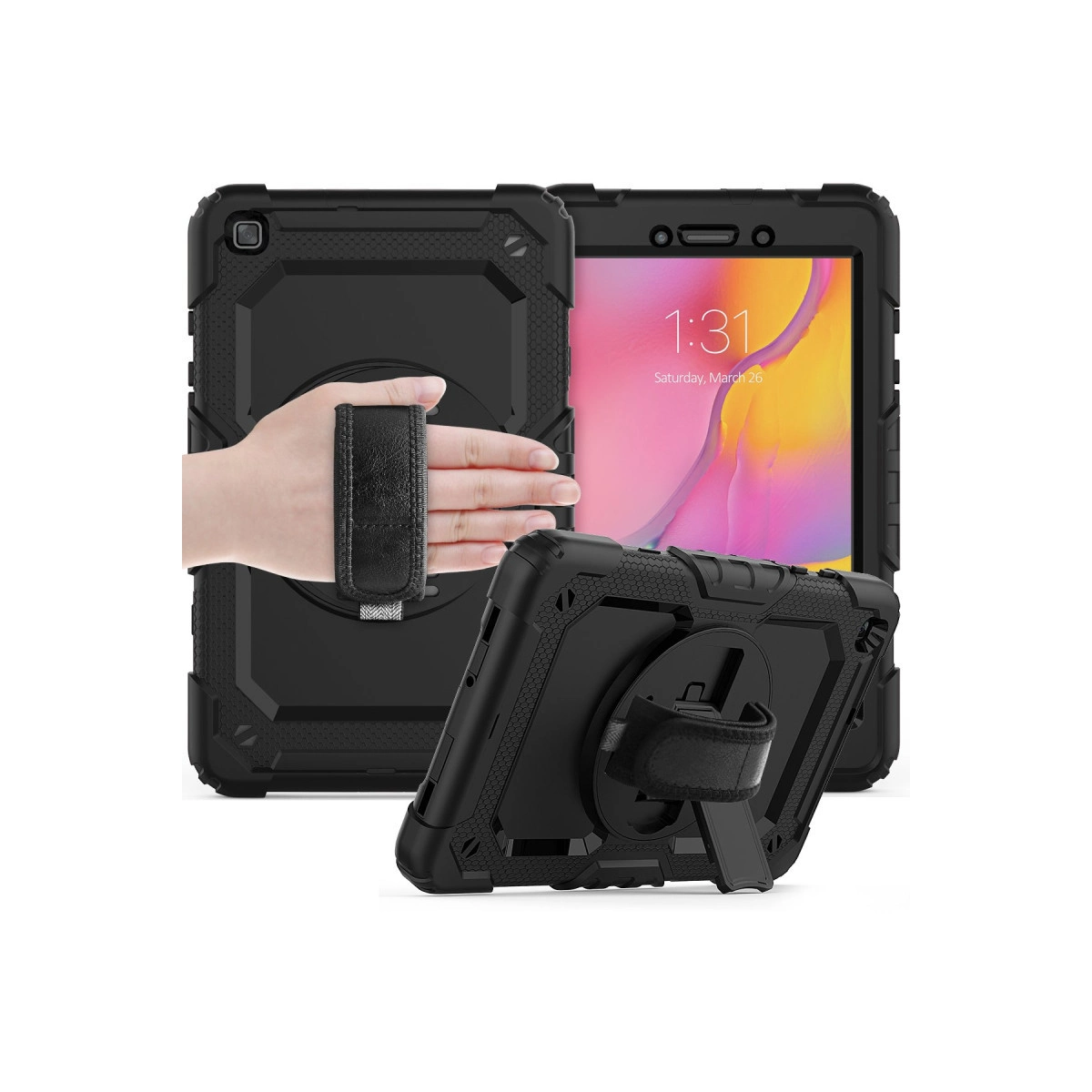Standlı ve el kayışlı siyah tablet kılıfı, saat 1:31'i gösteriyor.