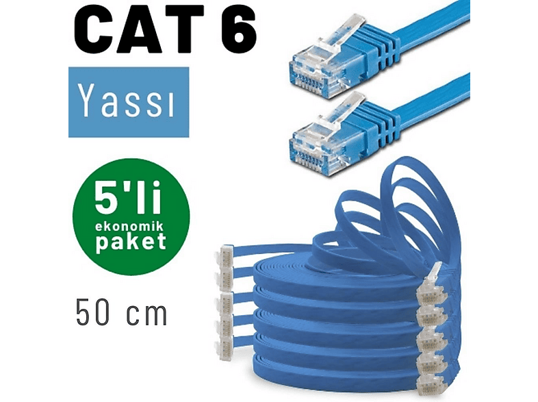 IRENIS 5 Adet 50 cm CAT6 Kablo Yassı Network Lan Ağ İnternet Ethernet Kablosu