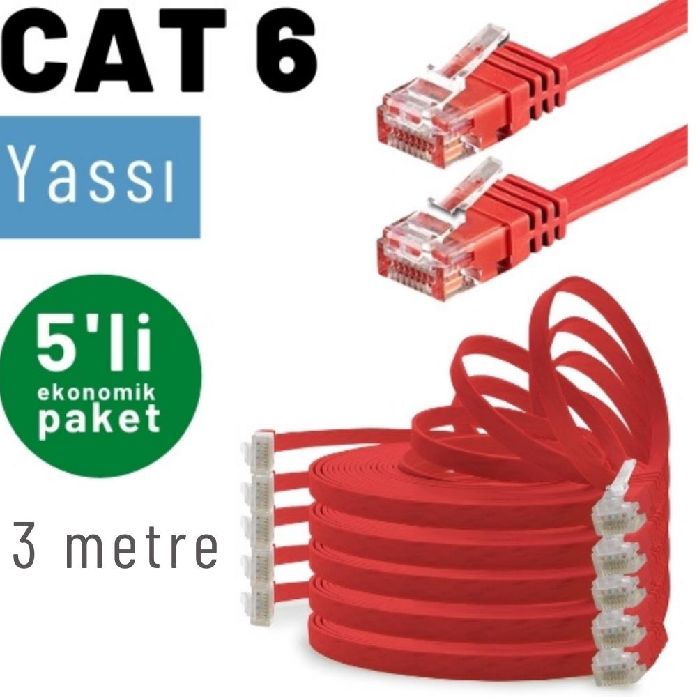 Kırmızı CAT 6 yassı Ethernet kabloları RJ45 konnektörlü, 5'li paket.