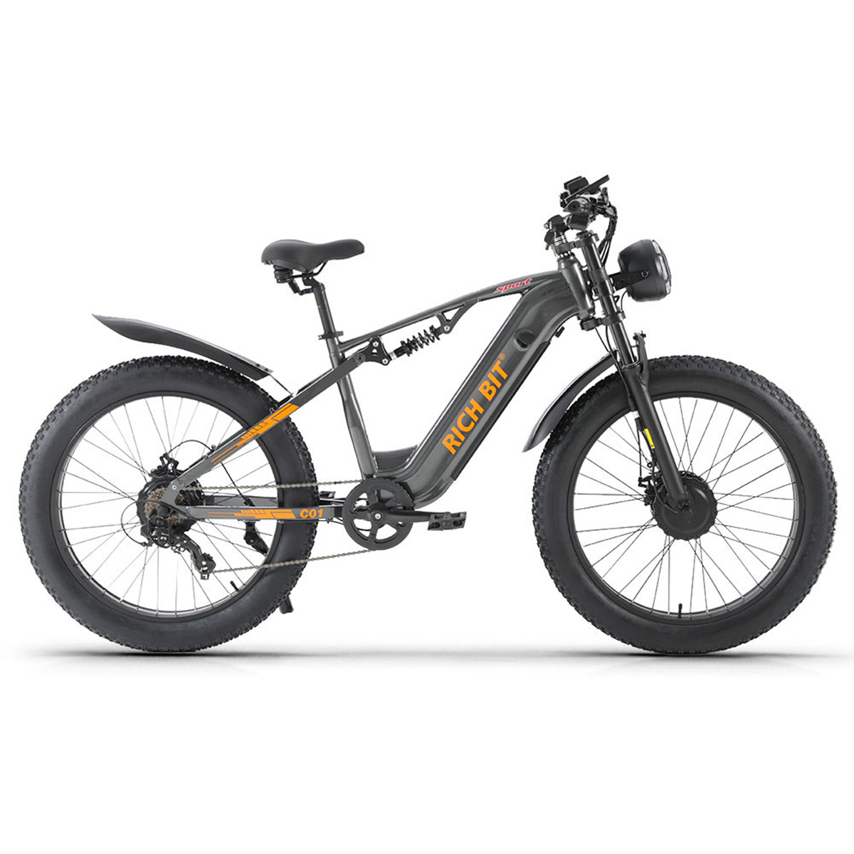 Szary rower elektryczny typu fatbike z amortyzacją i okrągłym światłem.